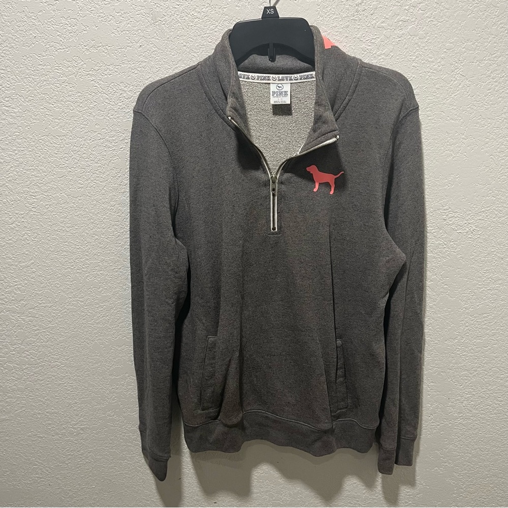 Victoria's Secret PINK Charcoal Quarter Zip-Up Pullover Sweater with Pink Accent